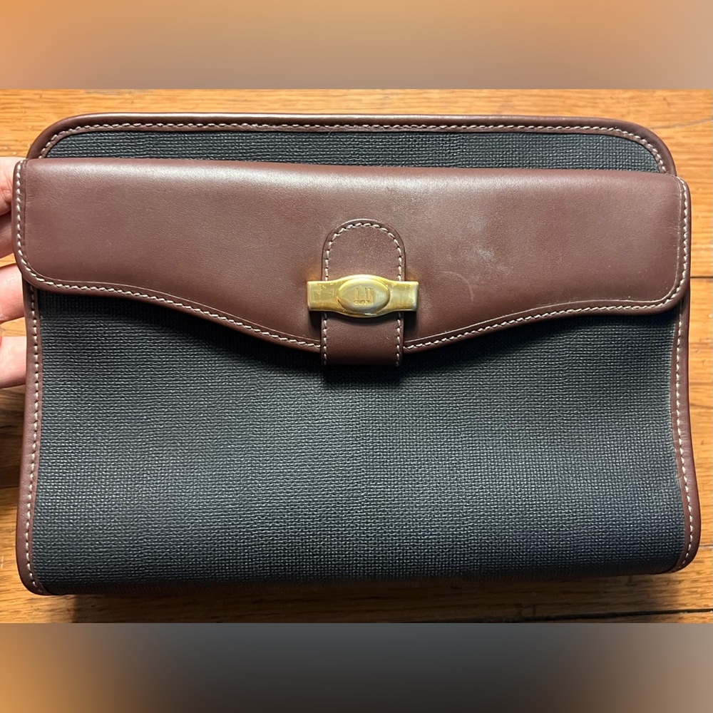 Dunhill Authentic Clutch Bag Second Bag Gray Brown Leather Green Plaid Lining!